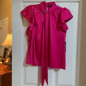 NWT - Hot Pink Posh Couture Satin Sheen Blouse with Tie Sz Med